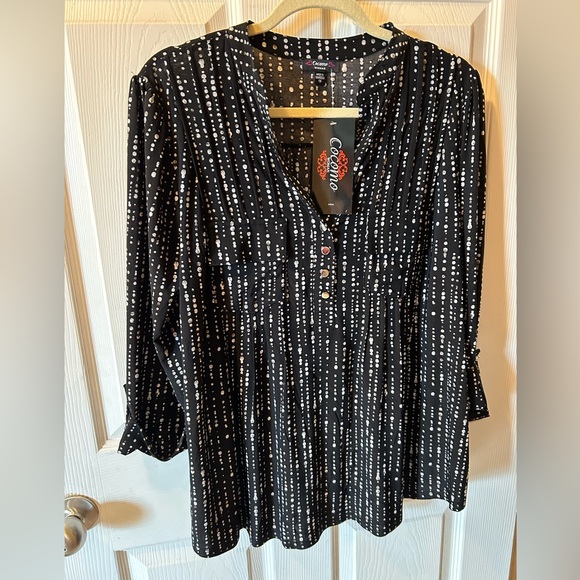 Cocomo Women 1X Black Gray and White Women's Blouse 3/4 Roll Tab Sleeves NWT - Picture 1 of 5